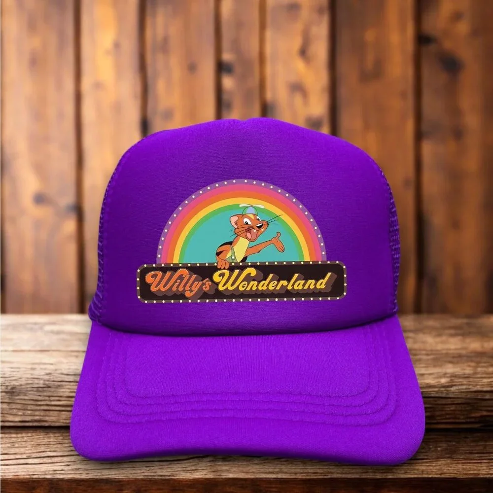 Willy's Wonderland Mens Trucker Hat Purple Nicholas Cage Horror Movie Ball Cap
